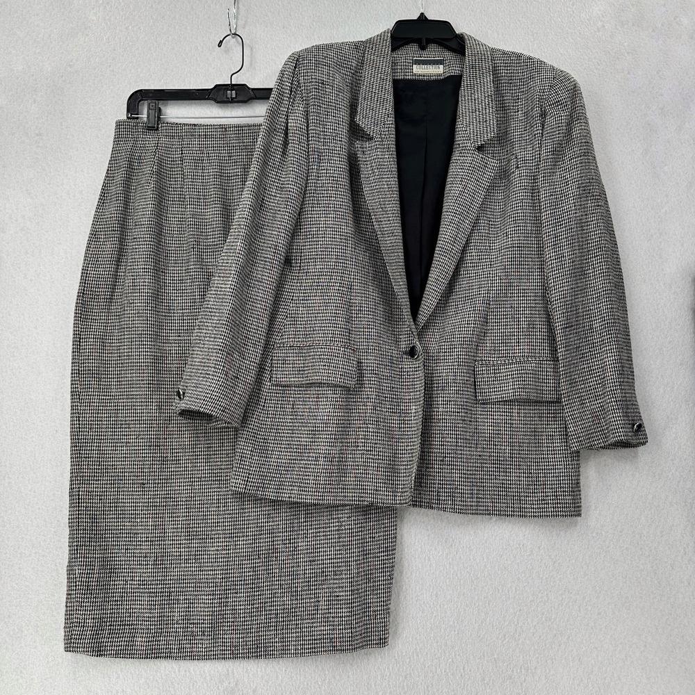 VTG Marshall Fields‎ Pure Wool Suit Skirt Sz 16 Tweed Houndstooth Blazer & Skirt
